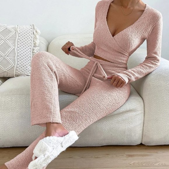 . Sweaters - Baby Pink Preppy Womens Surplice Neck Crop Sweater & Drawstring Waist Knit Pants